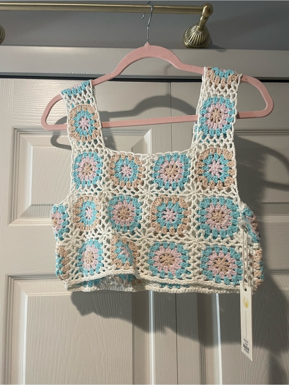 Ocean Drive Crochet Crop Top in Cream, Light Blue & Pale Pink